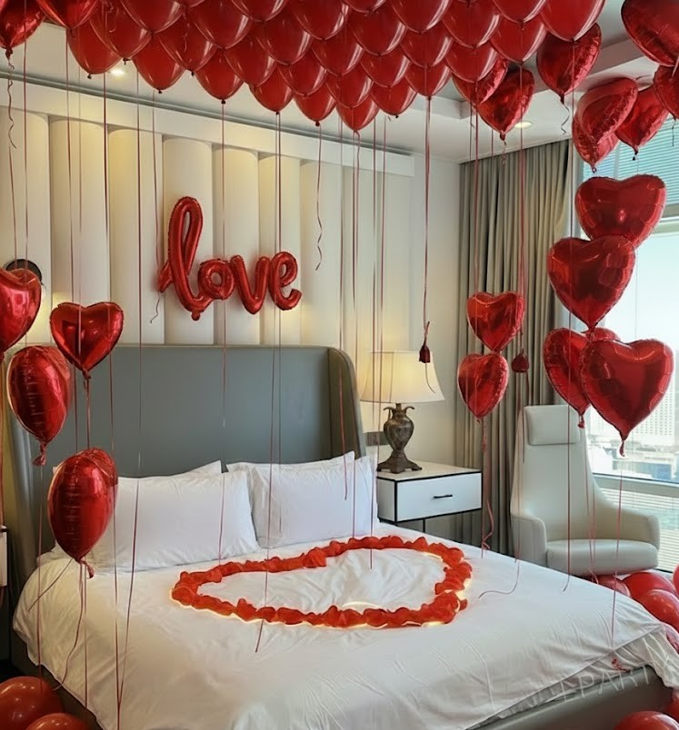 Decoración con globos habitación romántica